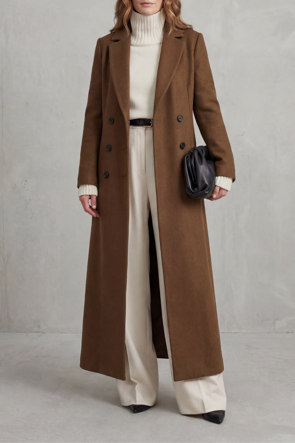 Front view of a brown long double-breasted tailored coat with notched lapels and a structured full-length shape.