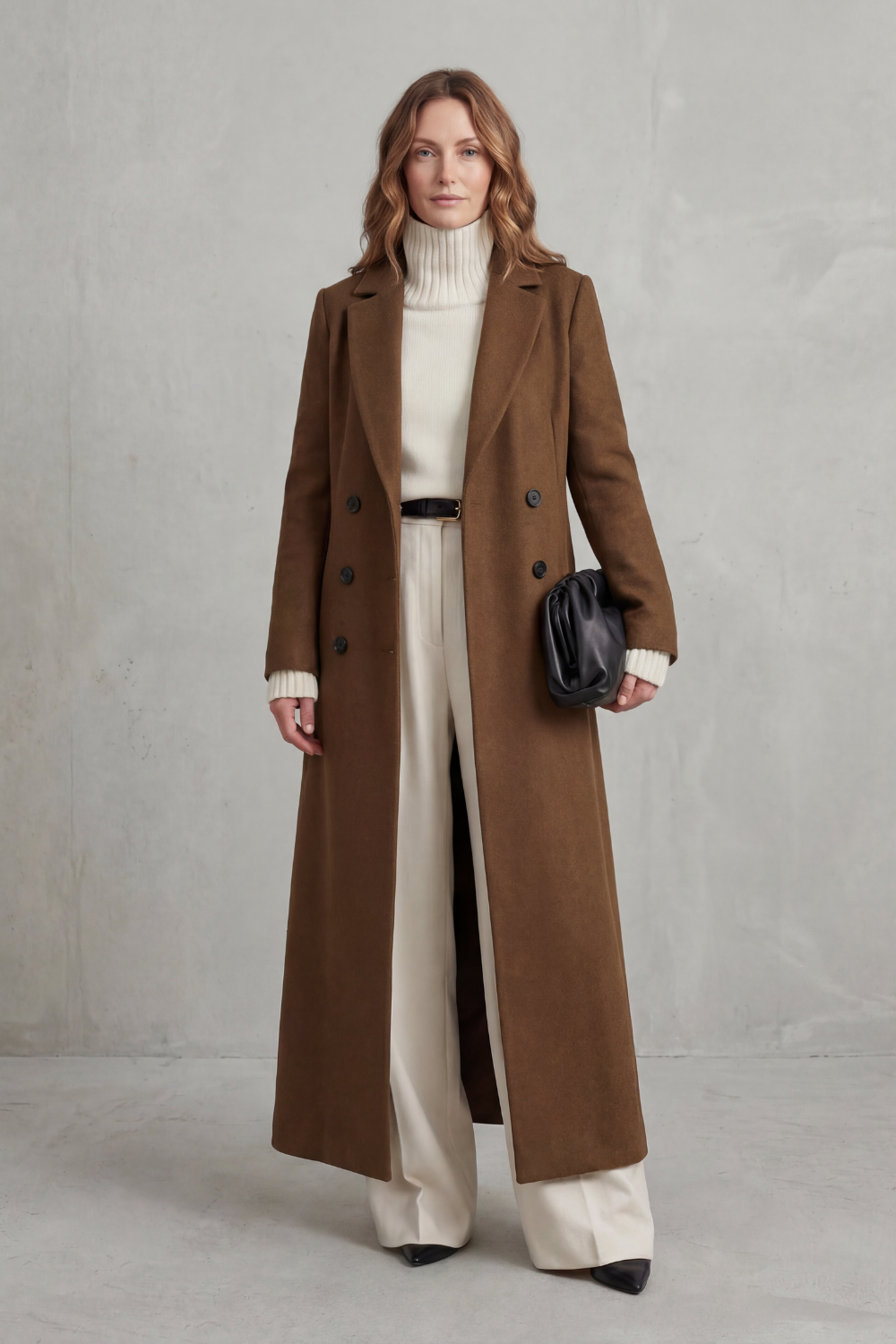 Brown tailored coat shown from a centered front view with its double rows of buttons and long sleeves visible.