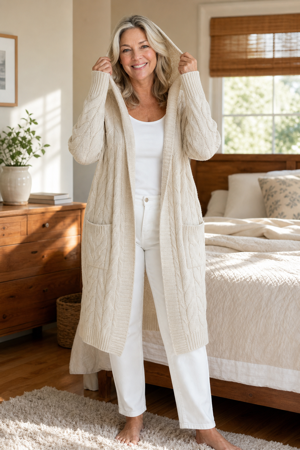 Cream long cardigan with the hood lifted around the model’s head, displaying the open front, cable knit texture, and full-length silhouette.