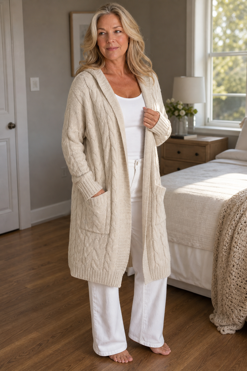 Three-quarter view of the cream cable knit cardigan worn open, highlighting its hooded neckline, textured sleeves, and roomy pockets.