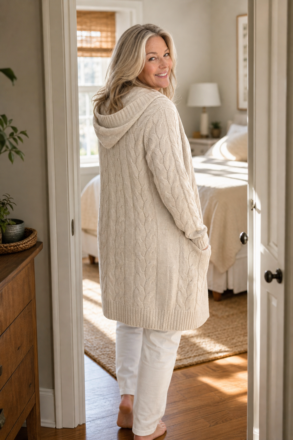 Back view of the long cream cardigan showing the hood, continuous cable knit pattern, and relaxed coverage below the hips.