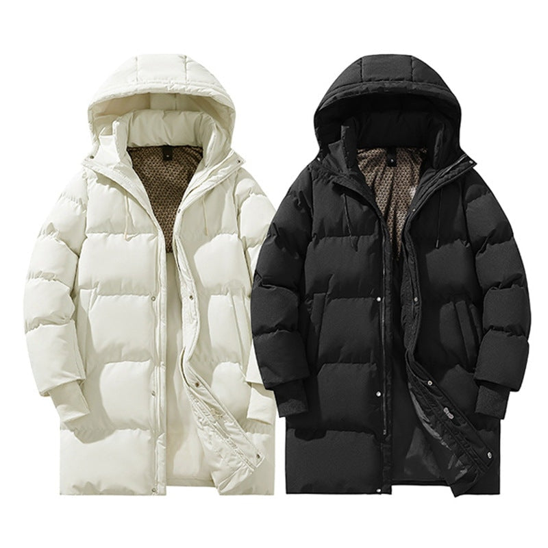 Long hooded puffer jacket shown in white and black, with high collars, quilted sections, front closures, and side pockets.