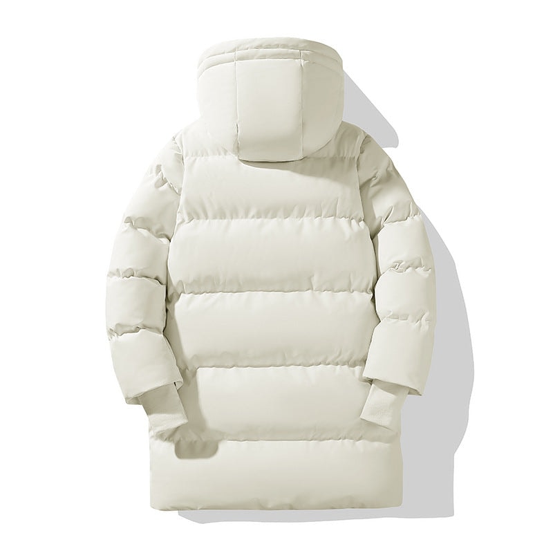 Rear view of the white long puffer jacket, showing the raised hood, horizontal quilted panels, long sleeves, and mid-thigh length.