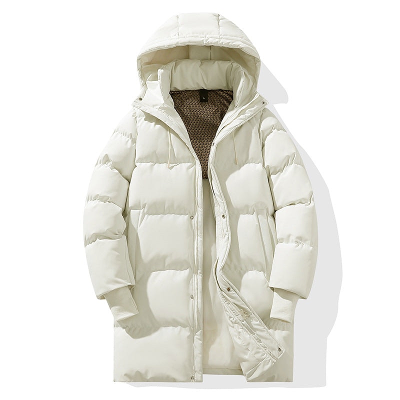 White hooded puffer jacket shown front-facing with the hood raised, high collar open, horizontal quilting, ribbed cuffs, and front pockets.