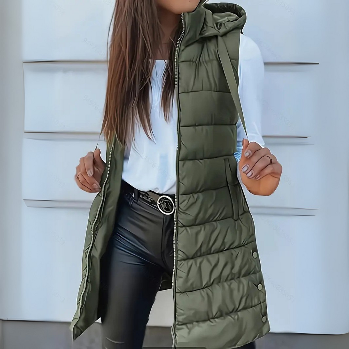 Olive green long puffer vest worn open, highlighting the attached hood, sleeveless design, front zipper, and lower snap details.