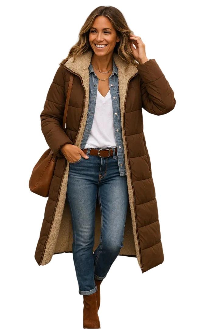 Model wearing a brown long quilted coat with the hood lining visible and a shoulder bag, shown in a relaxed walking pose.