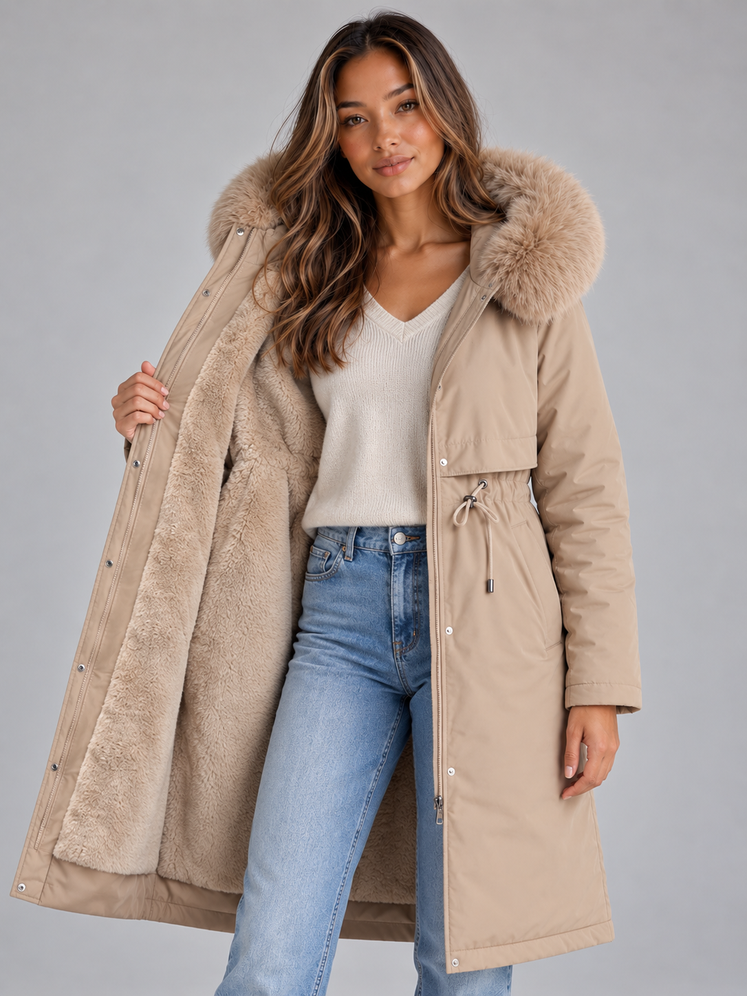 Beige hooded winter coat shown open to reveal its plush light interior, layered over a white sweater and jeans, with faux fur hood trim.
