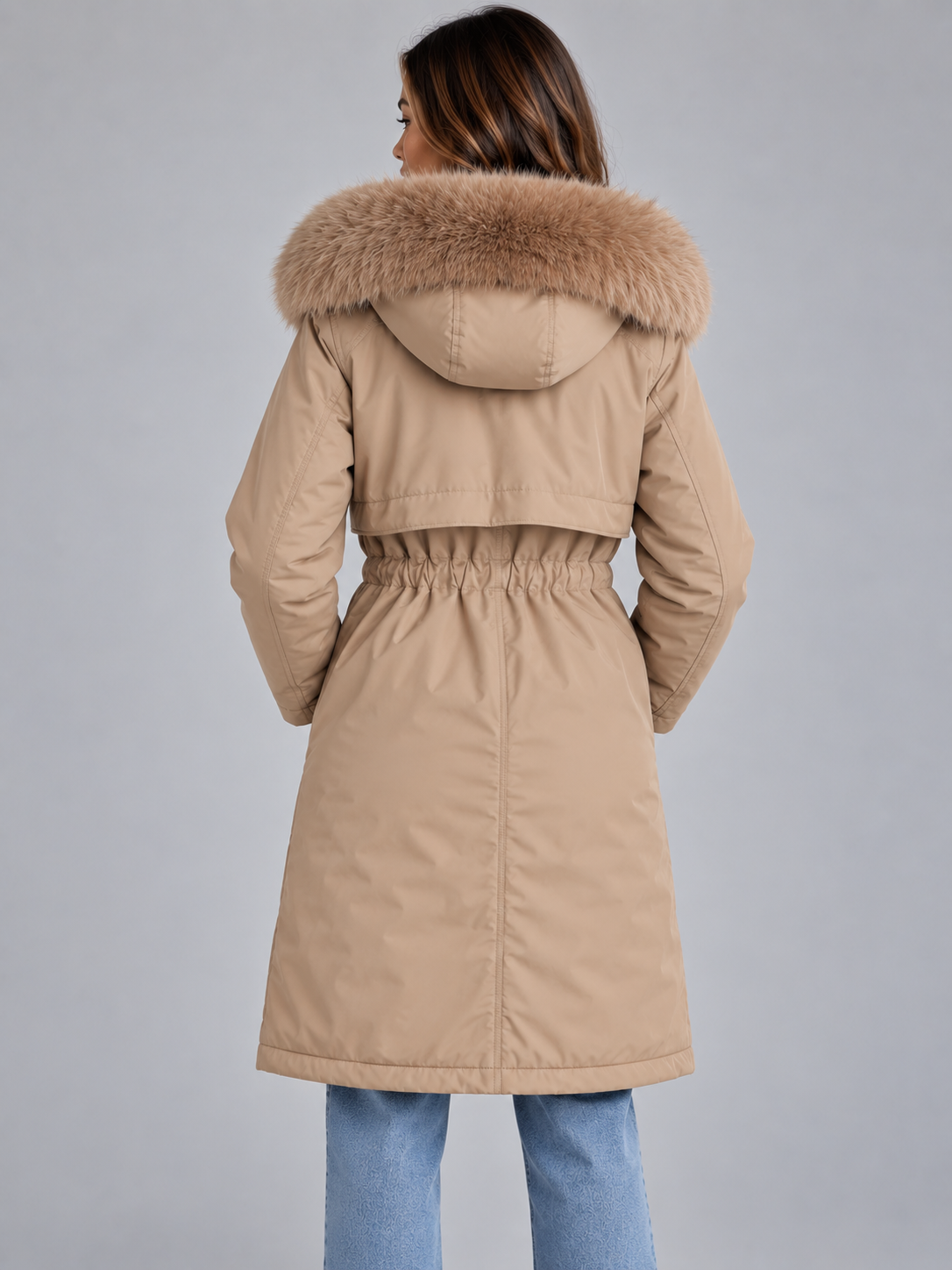 Back view of the long beige winter coat showing the hood, wide faux fur trim, gathered adjustable waist, long sleeves, and extended hem.