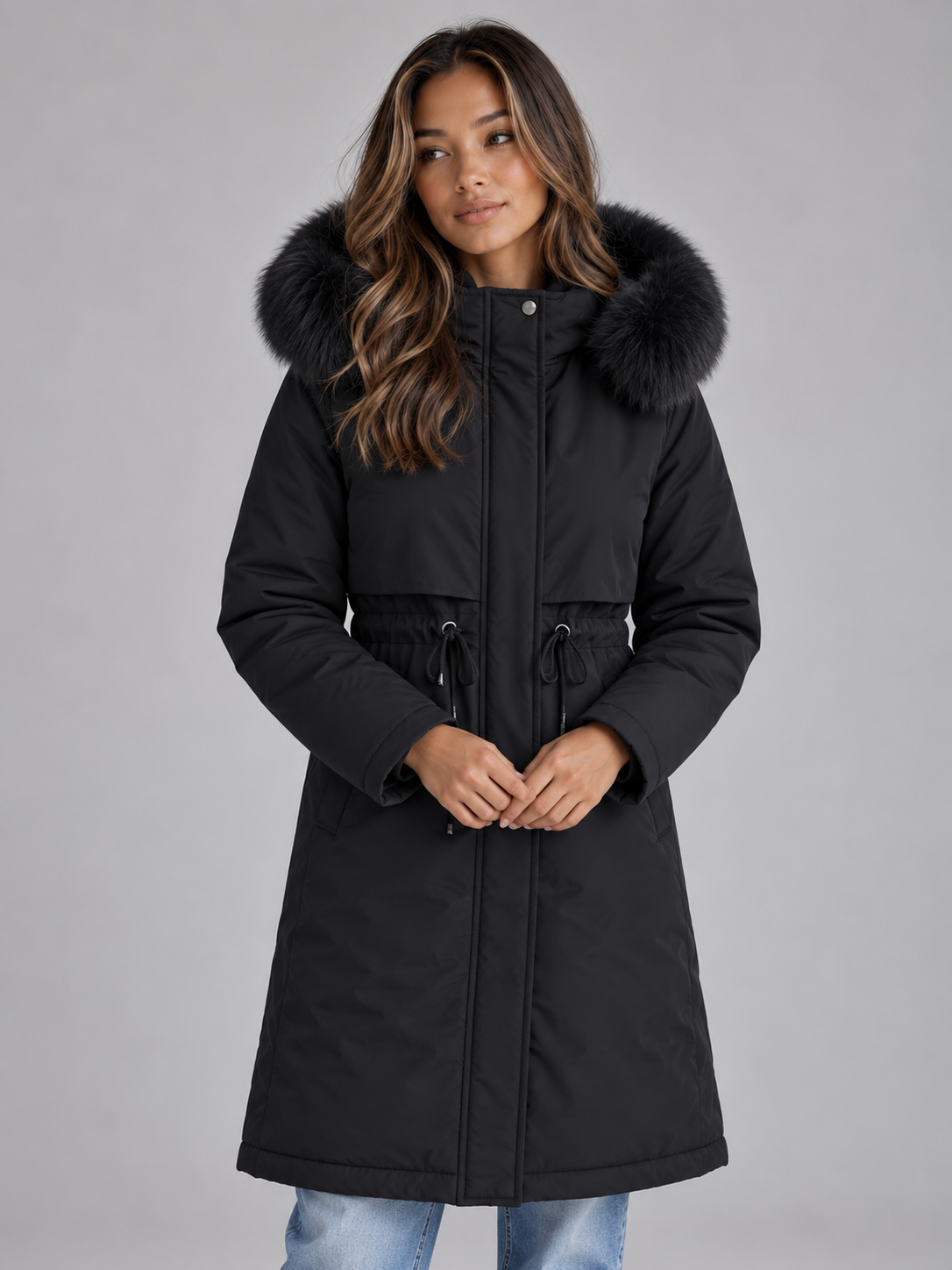 Front view of the long hooded winter coat in black with black faux fur trim, a covered zip fastening, adjustable waist, and side pockets.