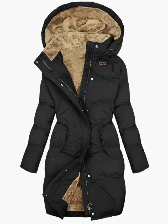 Long black quilted hooded winter coat shown open to reveal its warm lining, with front zip and snap closures and side pockets.