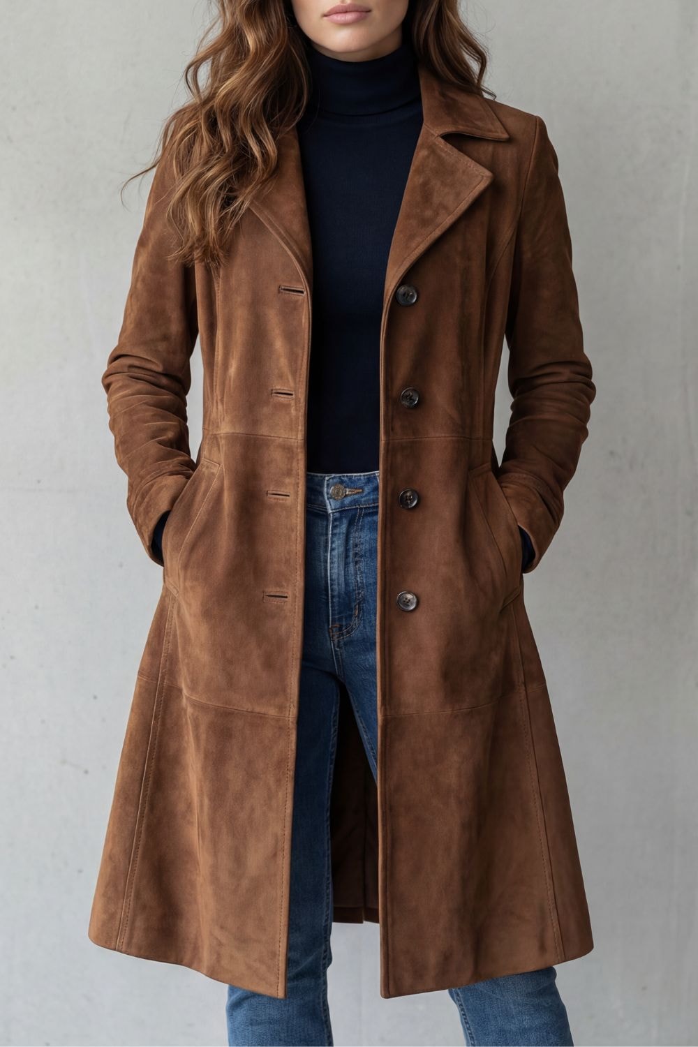 Front view of a brown longline coat with notched lapels, button closure, long sleeves, and side pockets worn over a dark roll-neck and jeans.