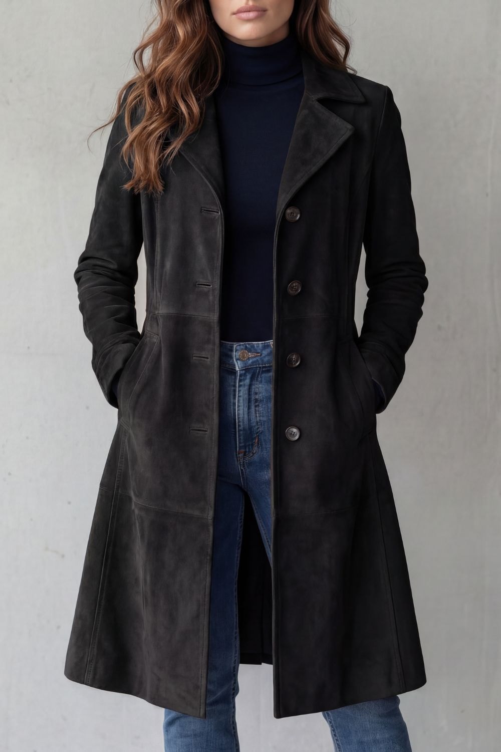 Front view of the black longline coat with notched lapels, dark buttons, long sleeves, and side pockets styled with jeans.