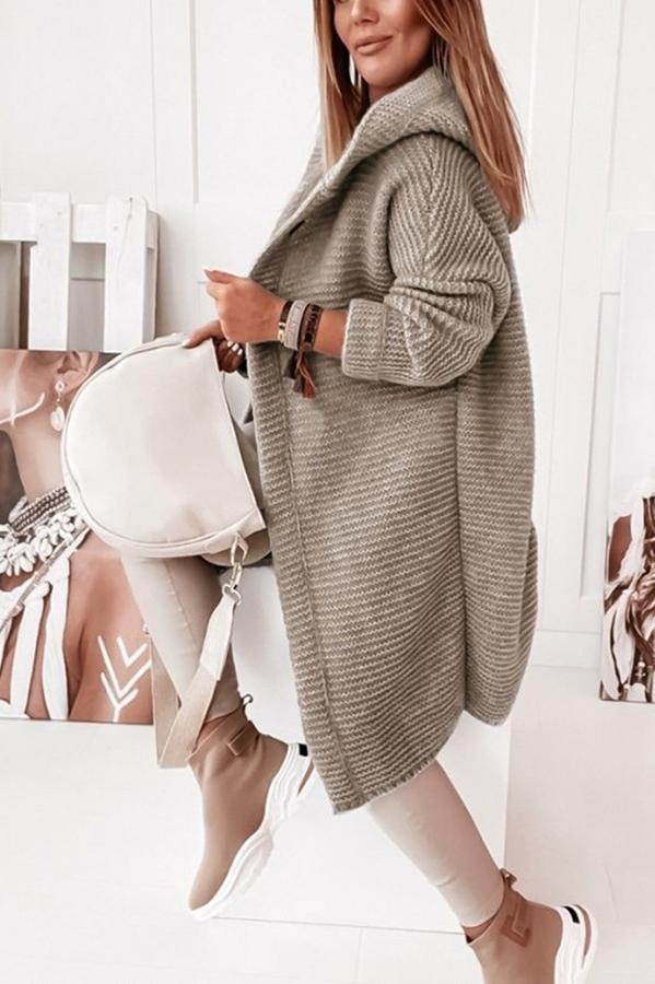 Taupe cardigan shown in side profile with its hood resting at the neck and long rounded hem.