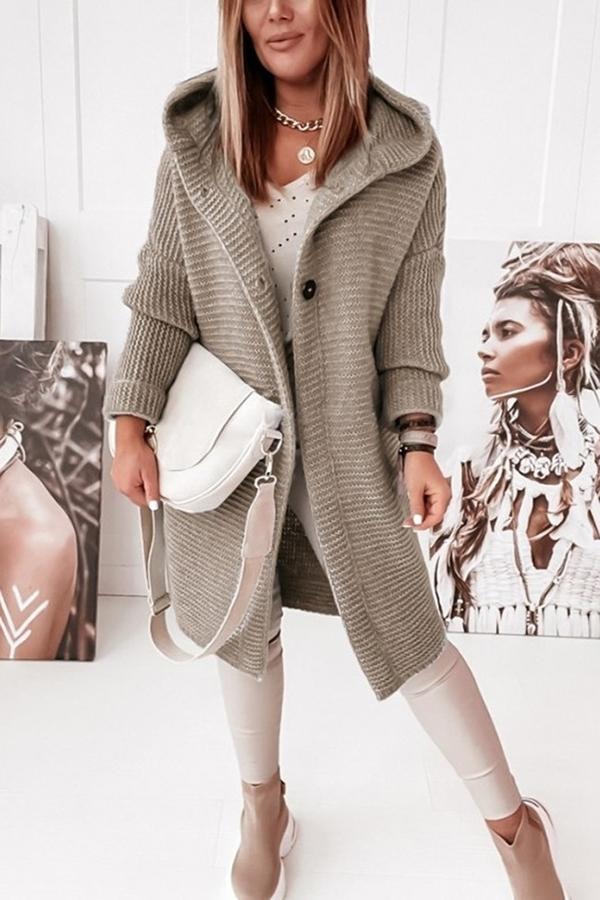 Taupe hooded cardigan styled front-facing over a light top, with a visible dark button and relaxed sleeves.