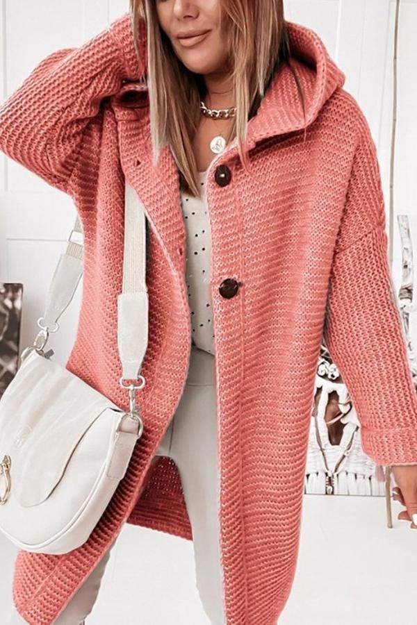 Coral hooded button cardigan with long sleeves and a long front opening.