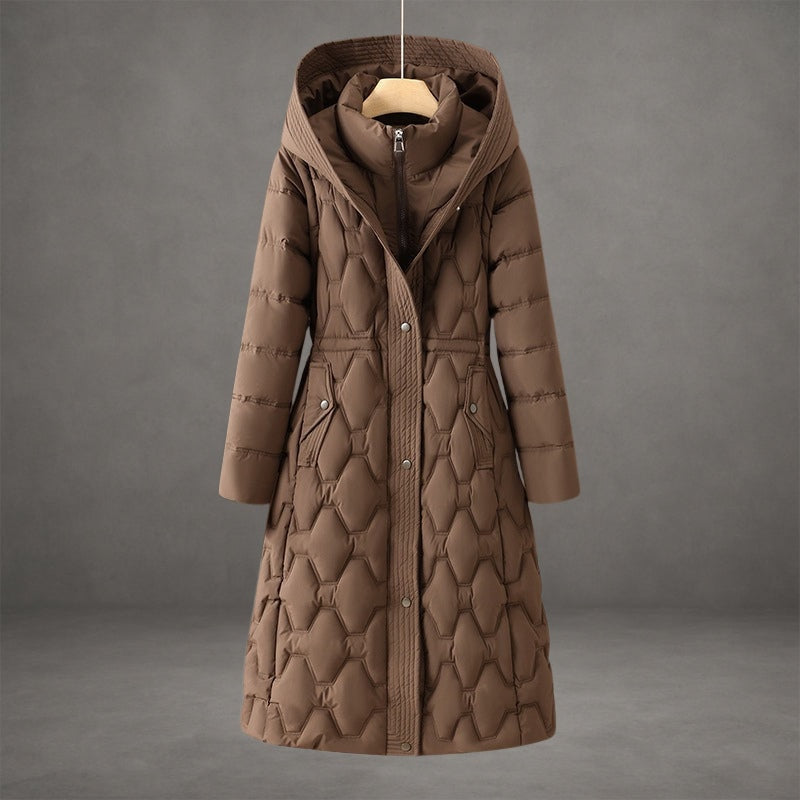 Brown hooded puffer coat with a belted waist, quilted panels, and a full front closure.