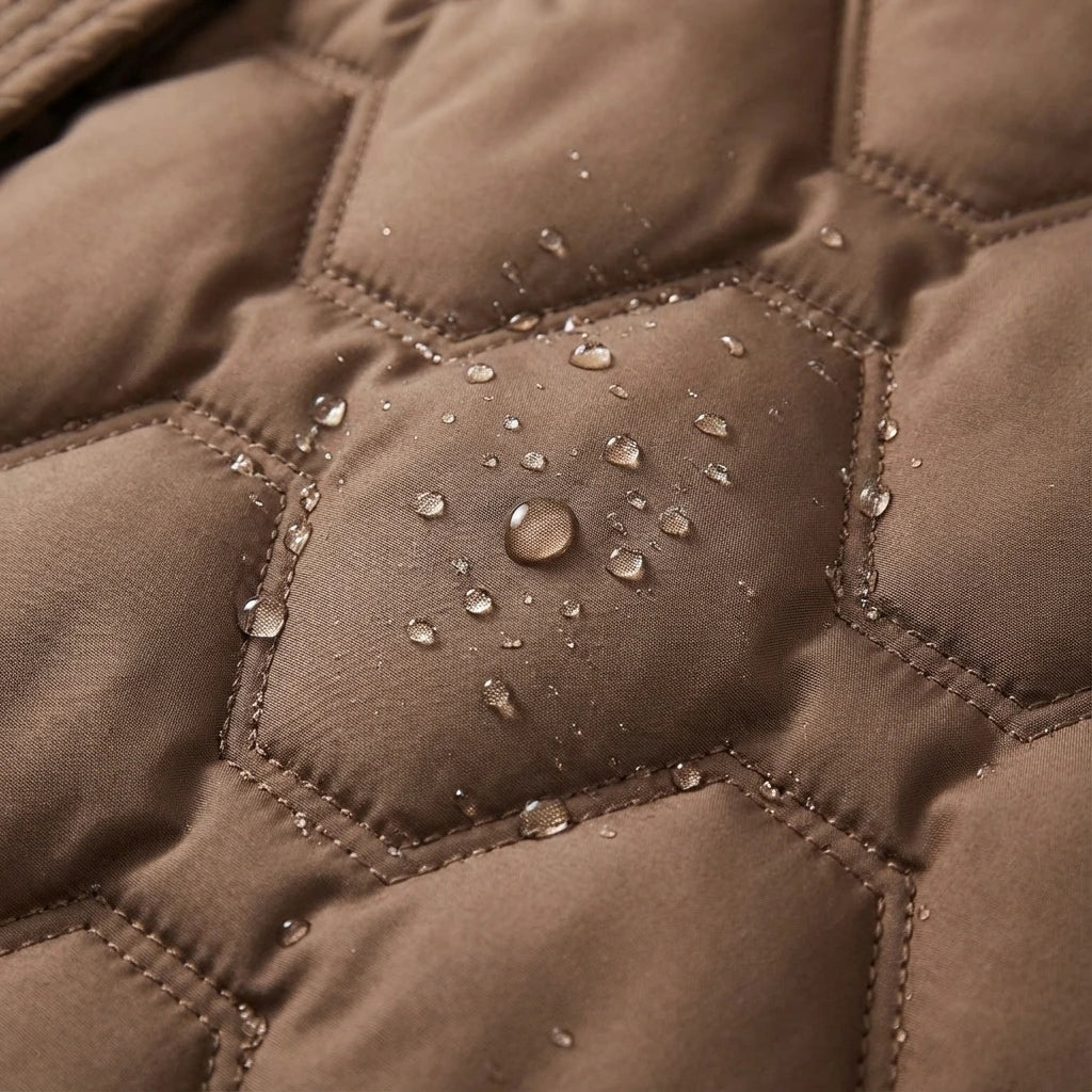 Close-up of the brown puffer coat’s raised quilted stitching and scattered water droplets.