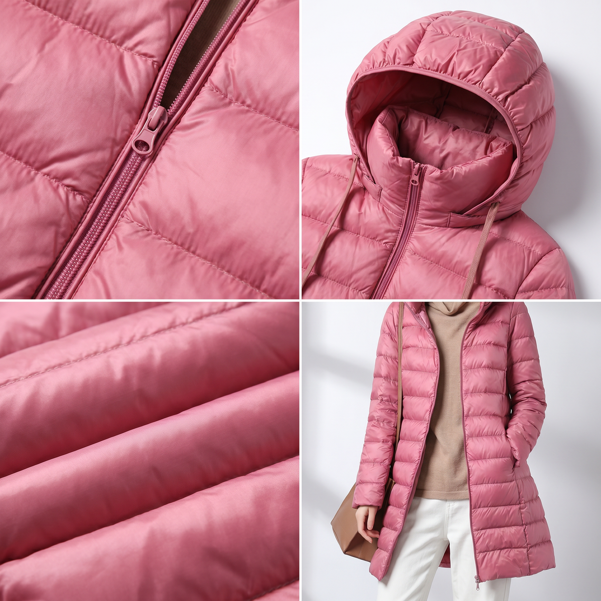 Detail collage showing the pink jacket’s front zipper, raised hood, quilted panels, and worn longline shape.