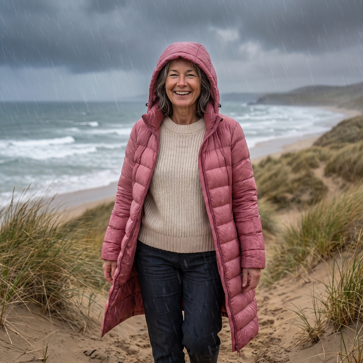 Woman wearing the hooded pink puffer jacket outdoors on a windy beach with the hood up.