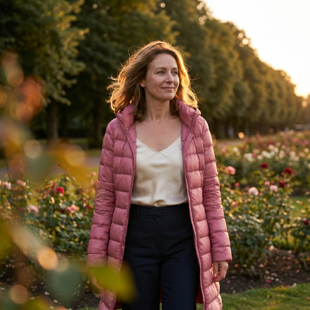 Woman wearing the pink quilted puffer jacket open over a light top during a garden walk.