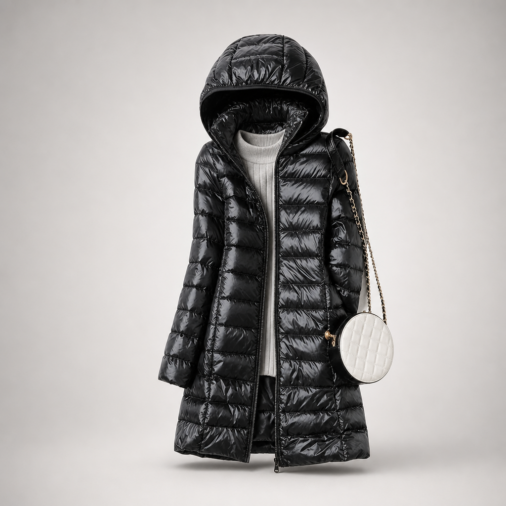 Black longline hooded puffer jacket displayed open over a light sweater, showing its quilted front.