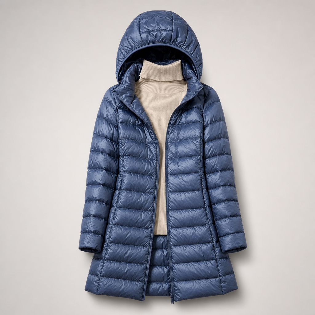 Blue longline hooded puffer jacket displayed open, highlighting the horizontal quilting and full-length sleeves.