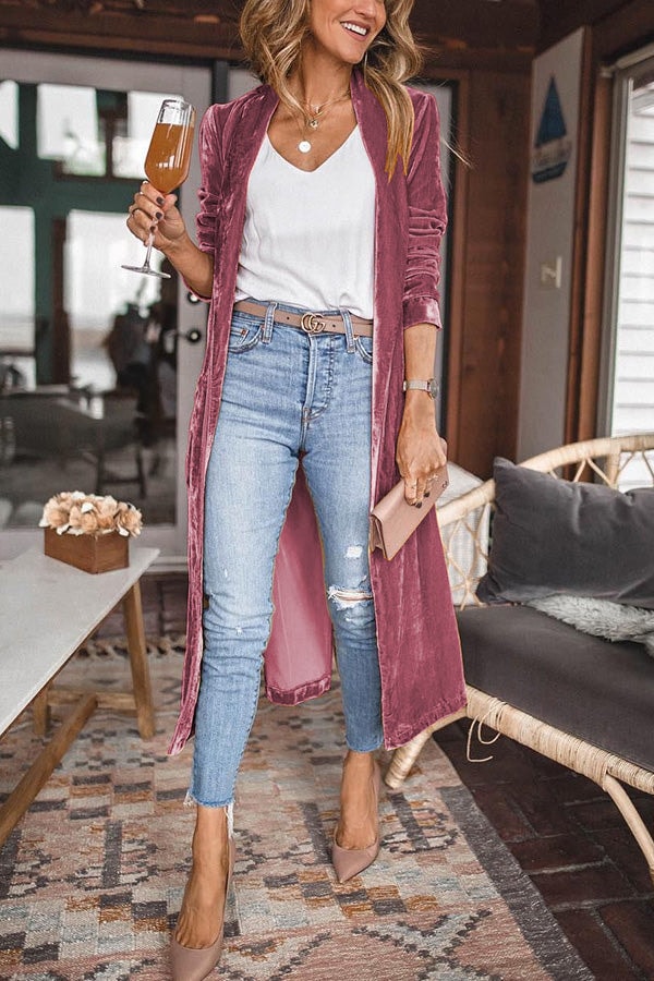 Mauve longline kimono coat with visibly gathered sleeves and flowing open-front styling.