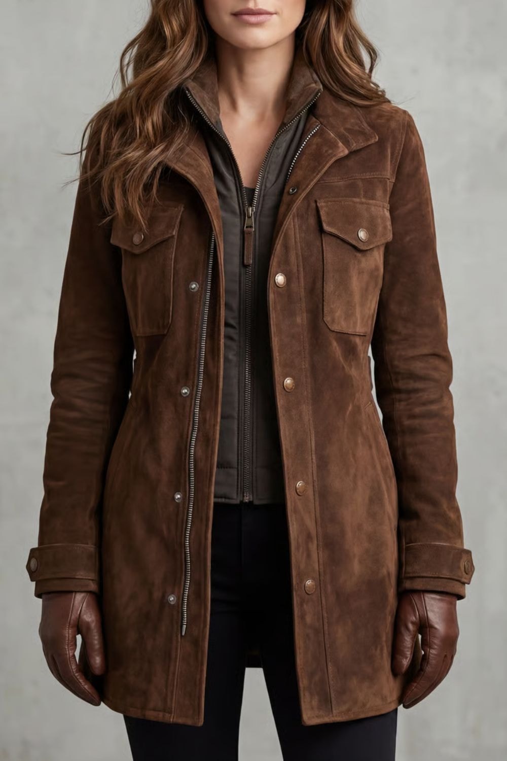 Front close-up of a longline brown coat with a stand collar, layered snap and zip closure, flap utility pockets, and tab cuffs.
