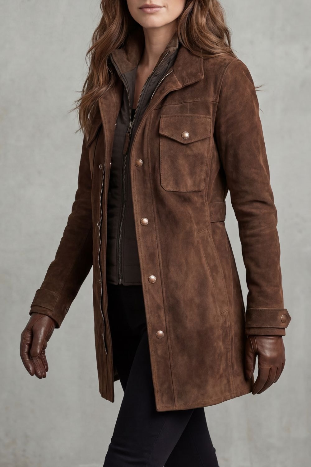 Three-quarter view highlighting the coat’s stand collar, front fastening, chest and lower utility pockets, and adjustable tab cuff.