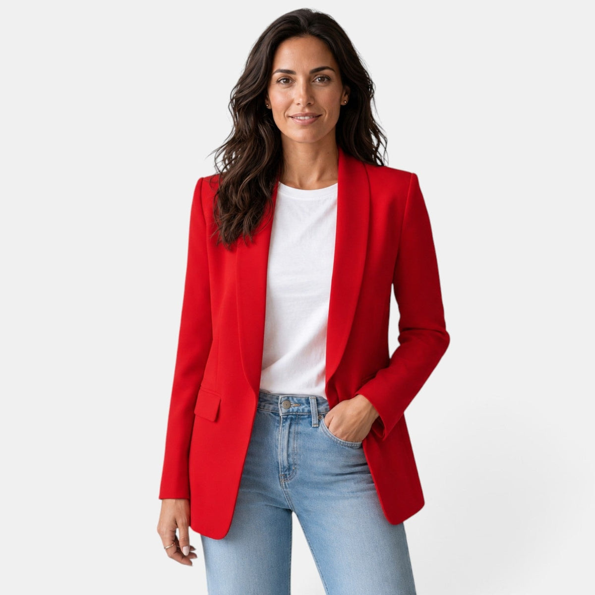 Red open front blazer shown from the front, featuring a shawl collar, long sleeves, and flap pockets.