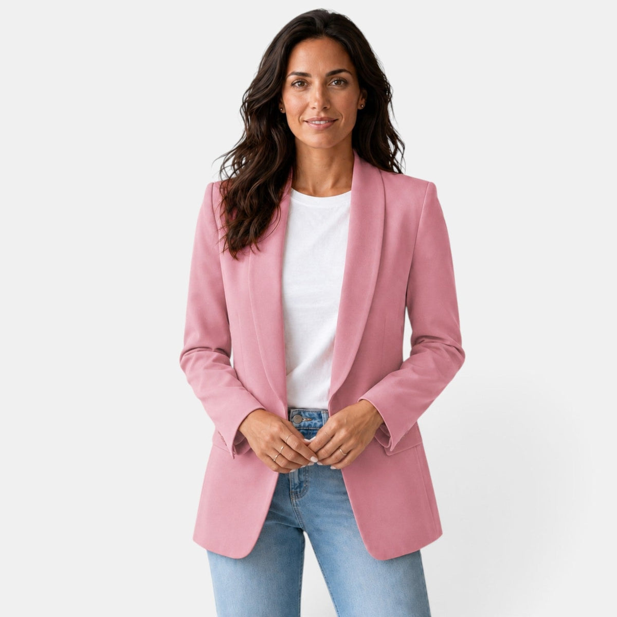 Pink open front blazer shown straight on with the shawl collar, long sleeves, and both flap pockets visible.