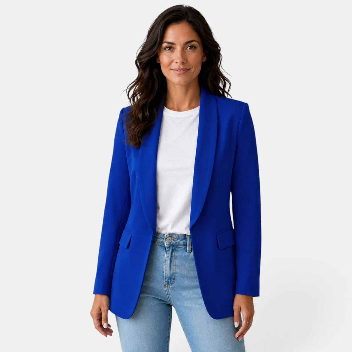 Cobalt blue open front blazer shown from the front with a sleek shawl collar and tailored flap pockets.