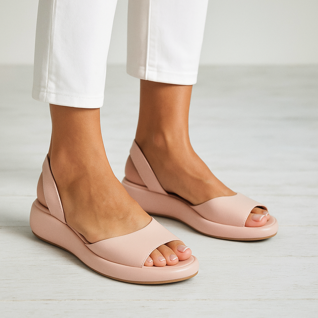 Blush pink wedge sandals showing the open toes, broad front straps, slingback heel straps, and low platform profile.