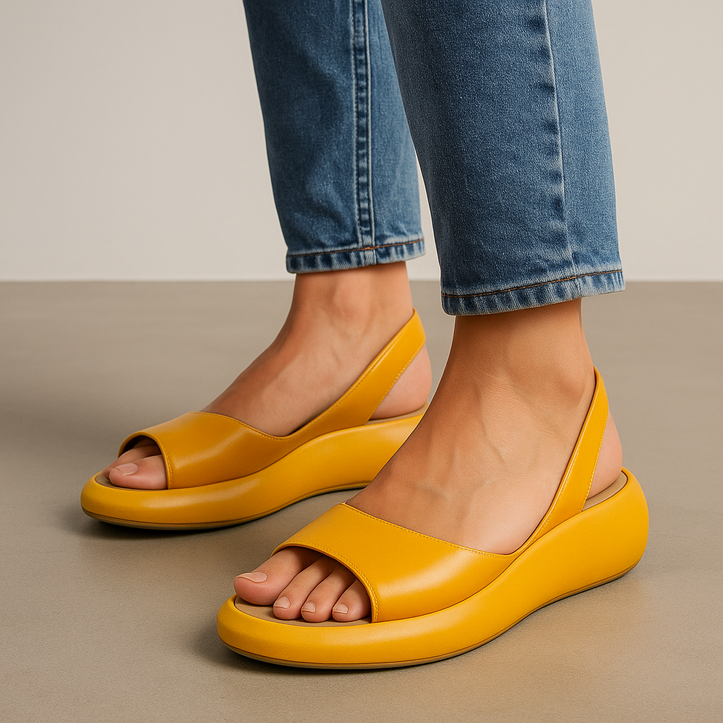 Bright yellow open-toe slingback wedge sandals styled with rolled blue jeans, showing the rounded platform wedge shape.