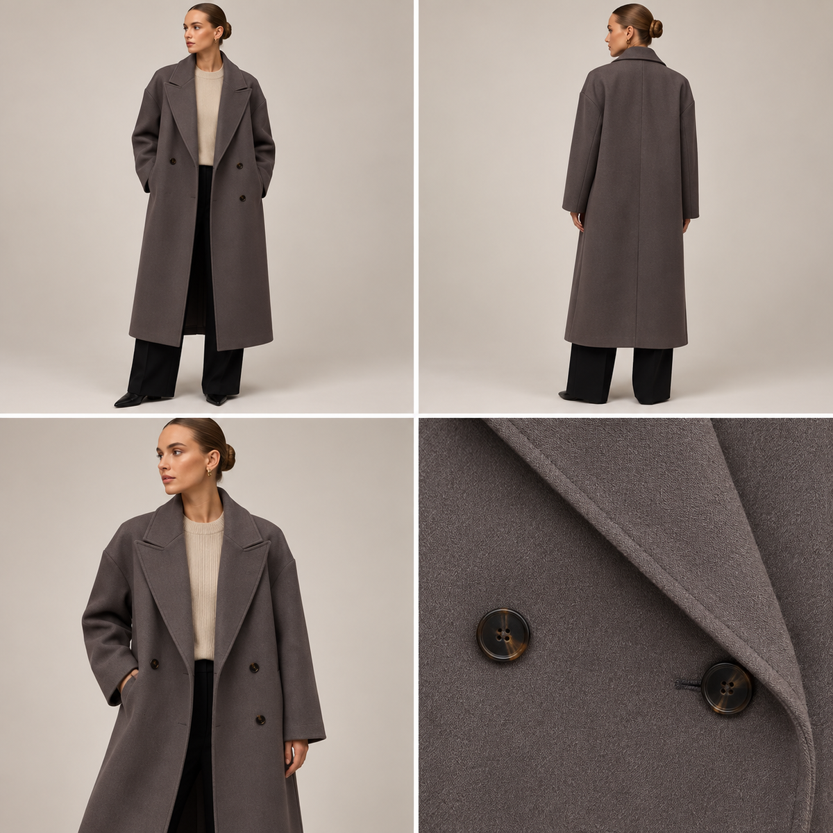 Four-panel view of the taupe coat showing front and back styling alongside close-ups of the lapel edge and double-breasted buttons.