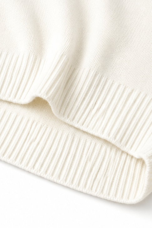 Close-up of the sweater’s ribbed hem with its defined vertical texture.