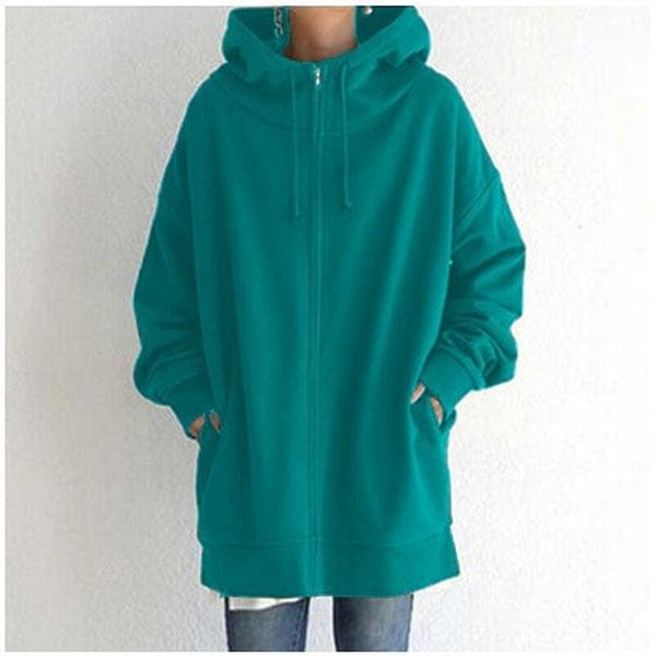 Front view of the longline zip-up hoodie in turquoise, showing the drawstring hood, roomy sleeves, and hip-covering hem.