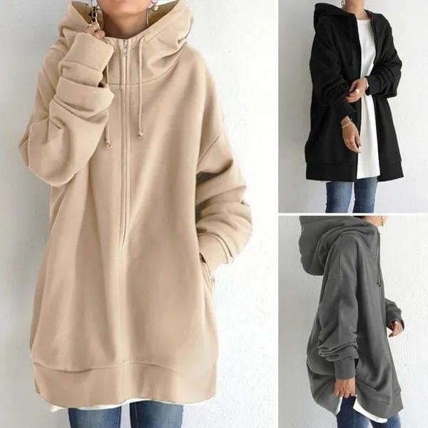 Collage featuring a beige front view, a black hooded styling view, and a charcoal side view of the oversized longline zip-up hoodie.