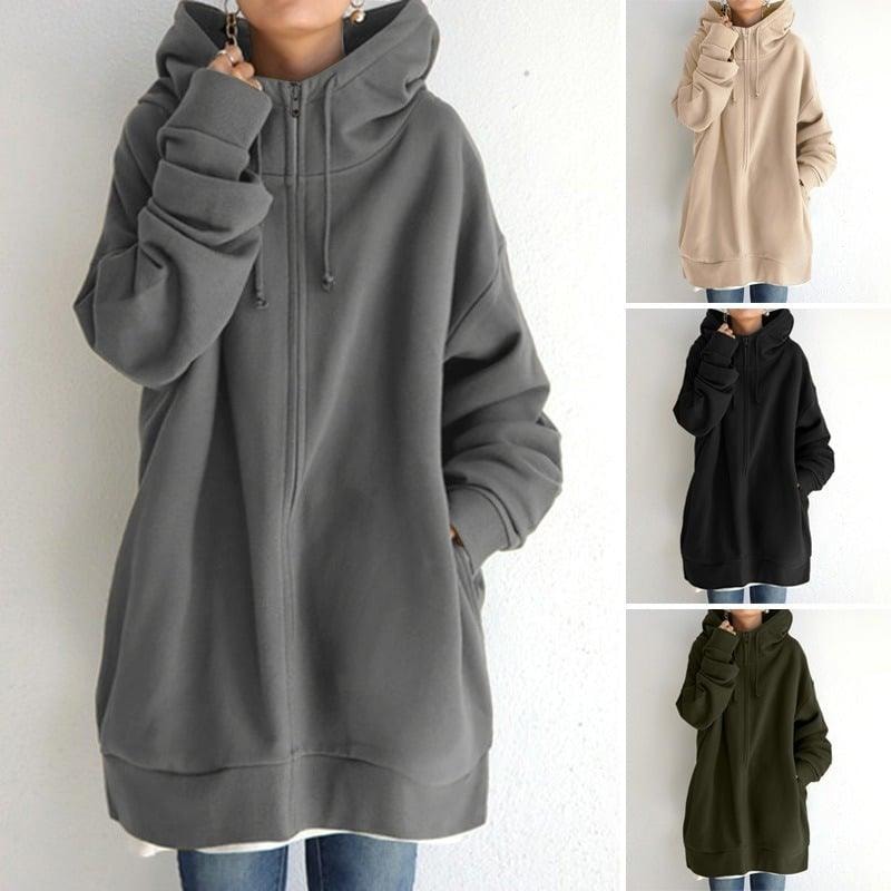 Collage showing the charcoal oversized longline zip-up hoodie alongside beige, black, and olive color options.