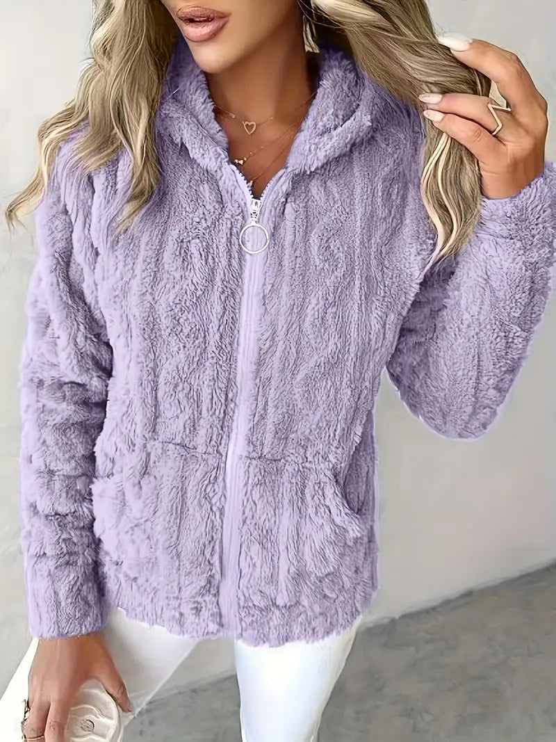 Front view of a lavender plush hooded jacket with a ring-pull zip and two front patch pockets.