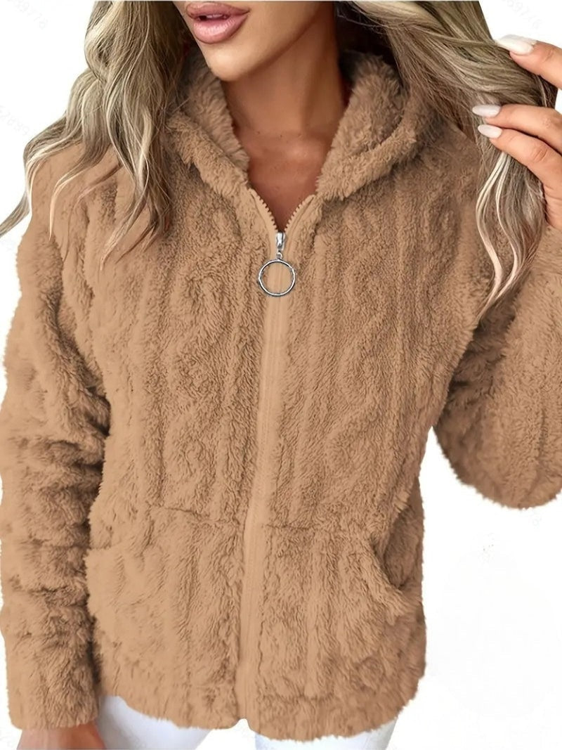 Tan plush zip-up hooded jacket shown front-on with long sleeves and low patch pockets.