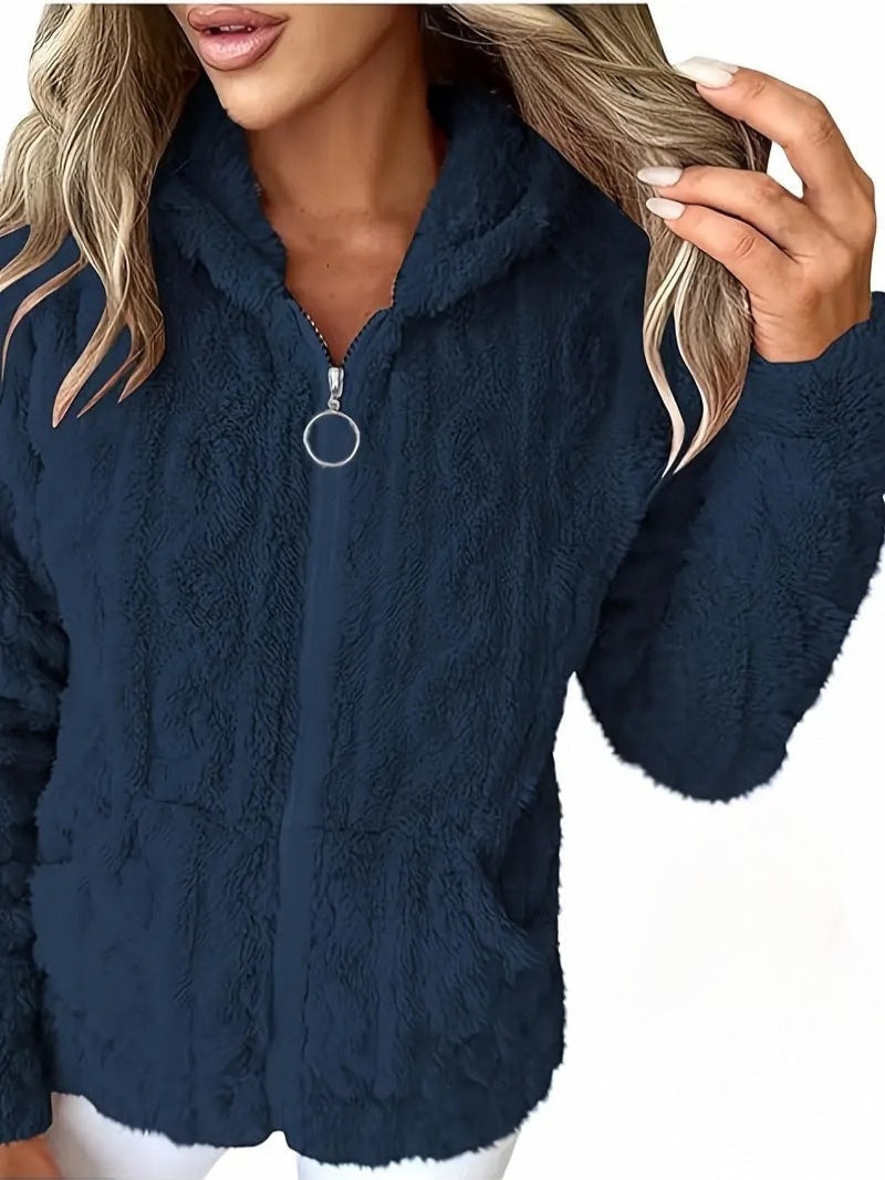 Navy plush jacket shown from the front with a hood, full zipper, and long sleeves.