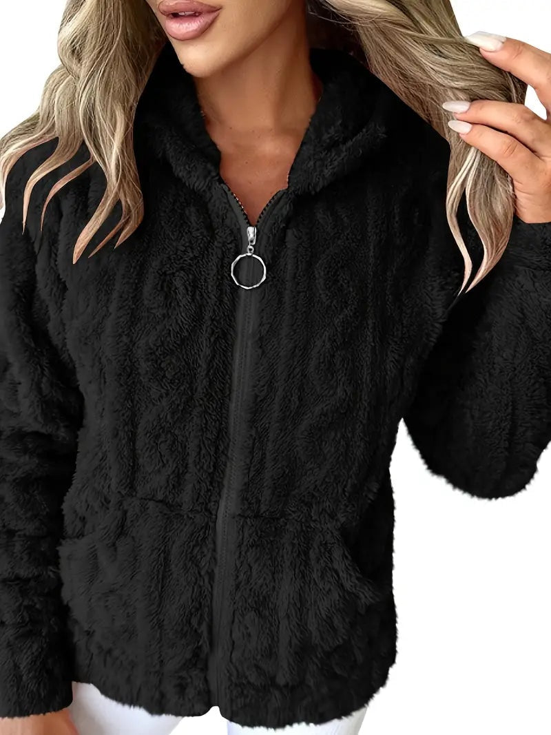 Black plush hooded jacket featuring a centered ring-pull zipper and two front pockets.