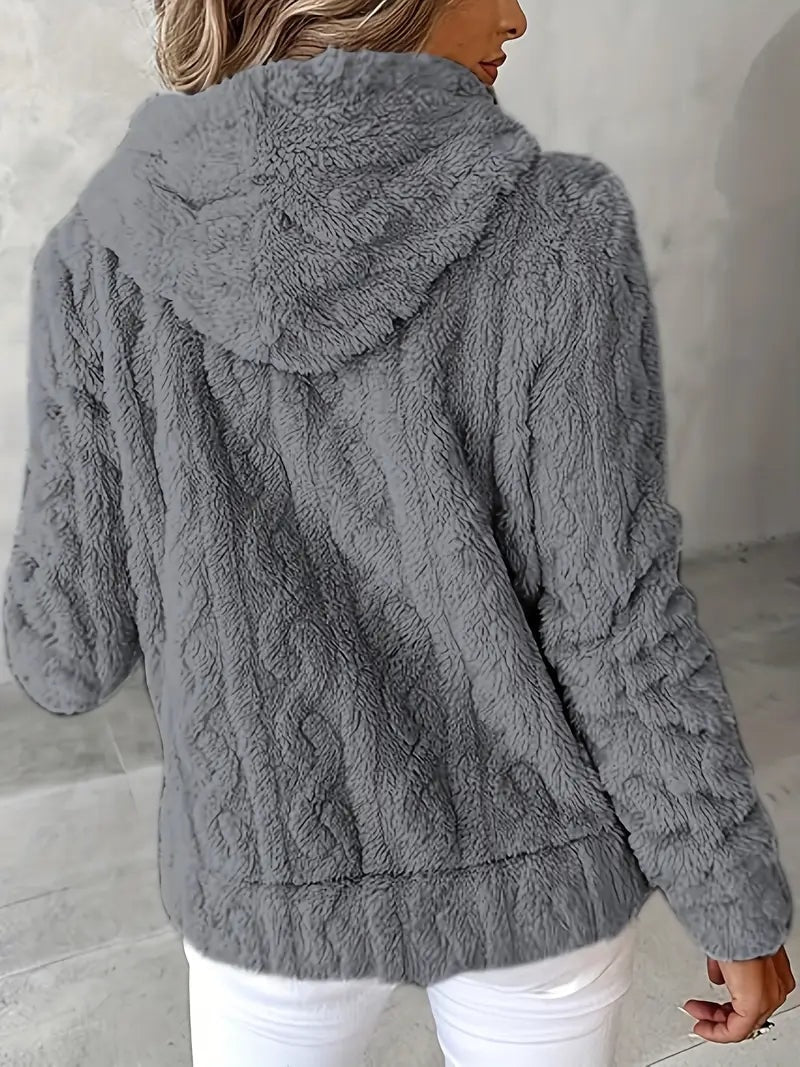 Back view of the gray plush jacket showing its hood, long sleeves, and straight lower hem.