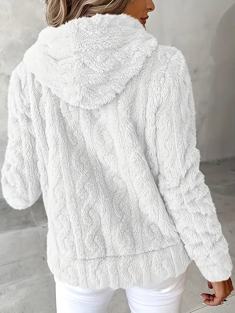 Back view of the white plush jacket showing the hood and full long-sleeve silhouette.