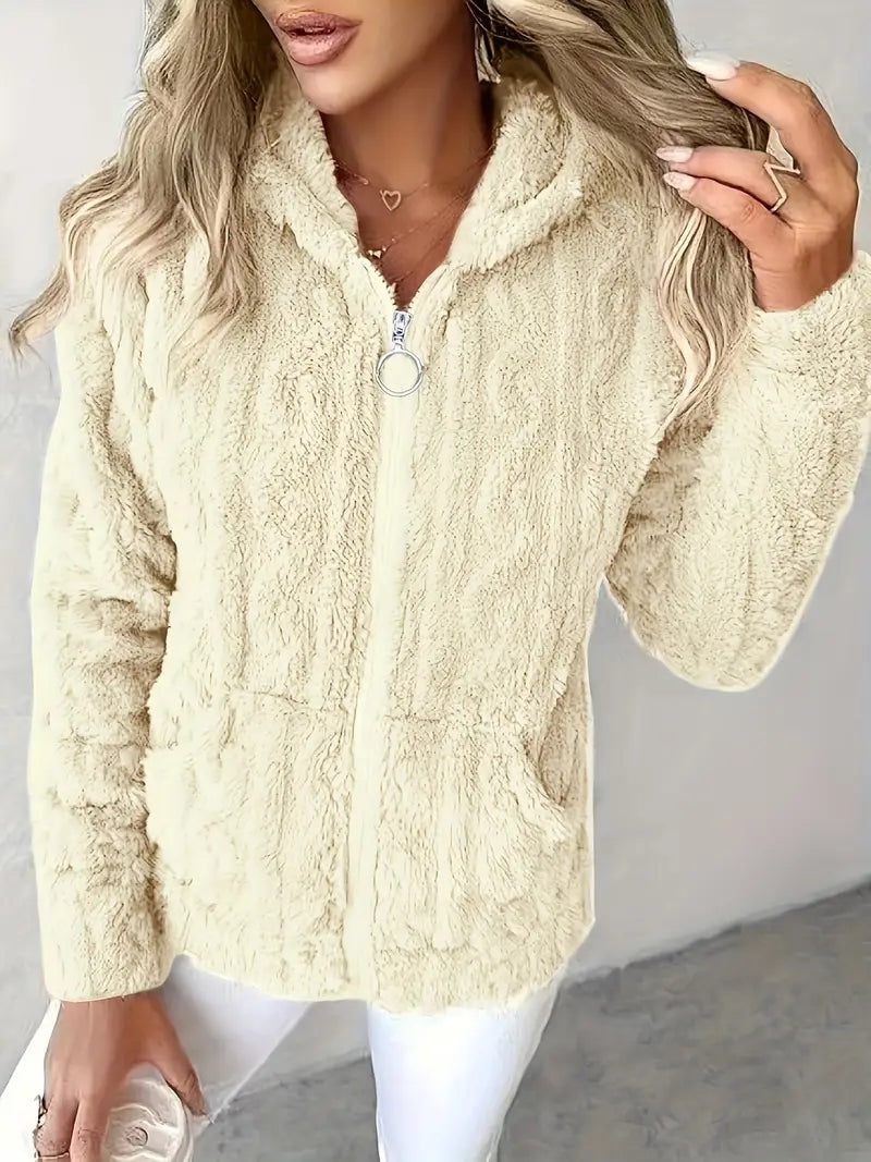Cream plush hooded jacket shown from the front with long sleeves, a full zip, and front pockets.