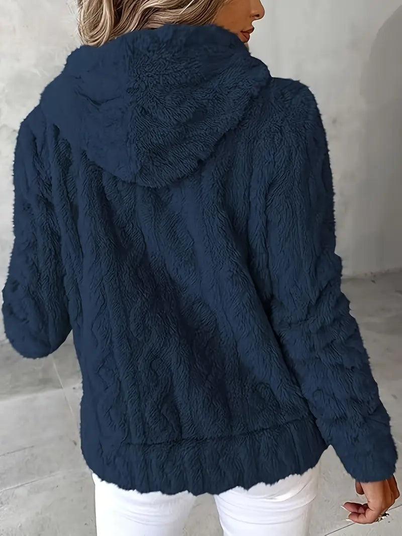 Back view of the navy plush hooded jacket with long sleeves and a straight hem.