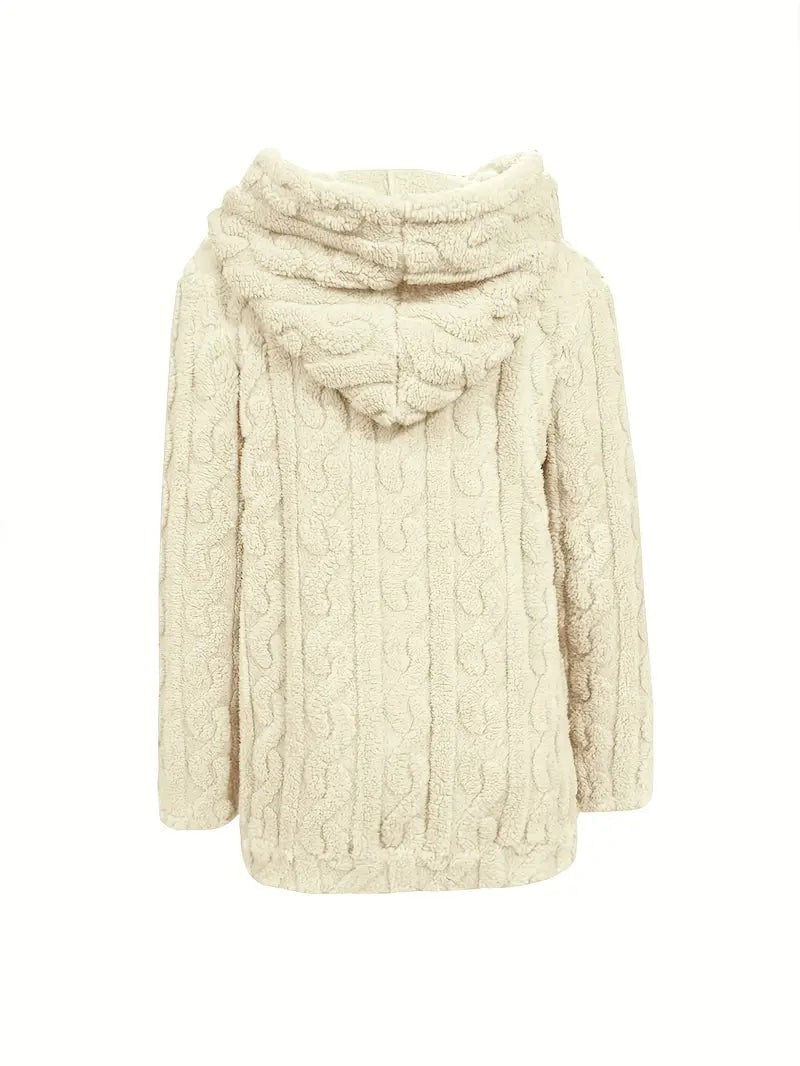 Cream jacket displayed from the back with a layered hood and textured vertical surface.