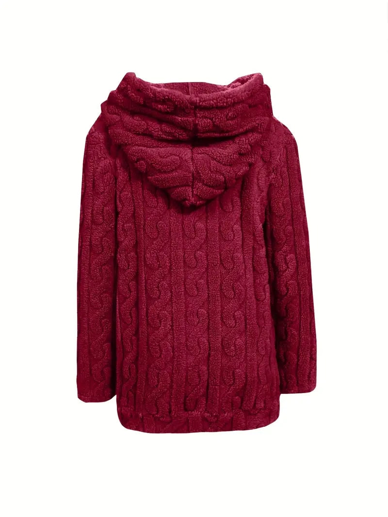 Burgundy jacket shown from the back on white, with a prominent hood and textured vertical pattern.