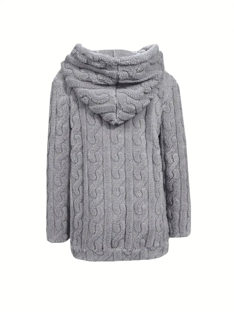 Gray jacket displayed from the back, highlighting the hood and long straight sleeves.